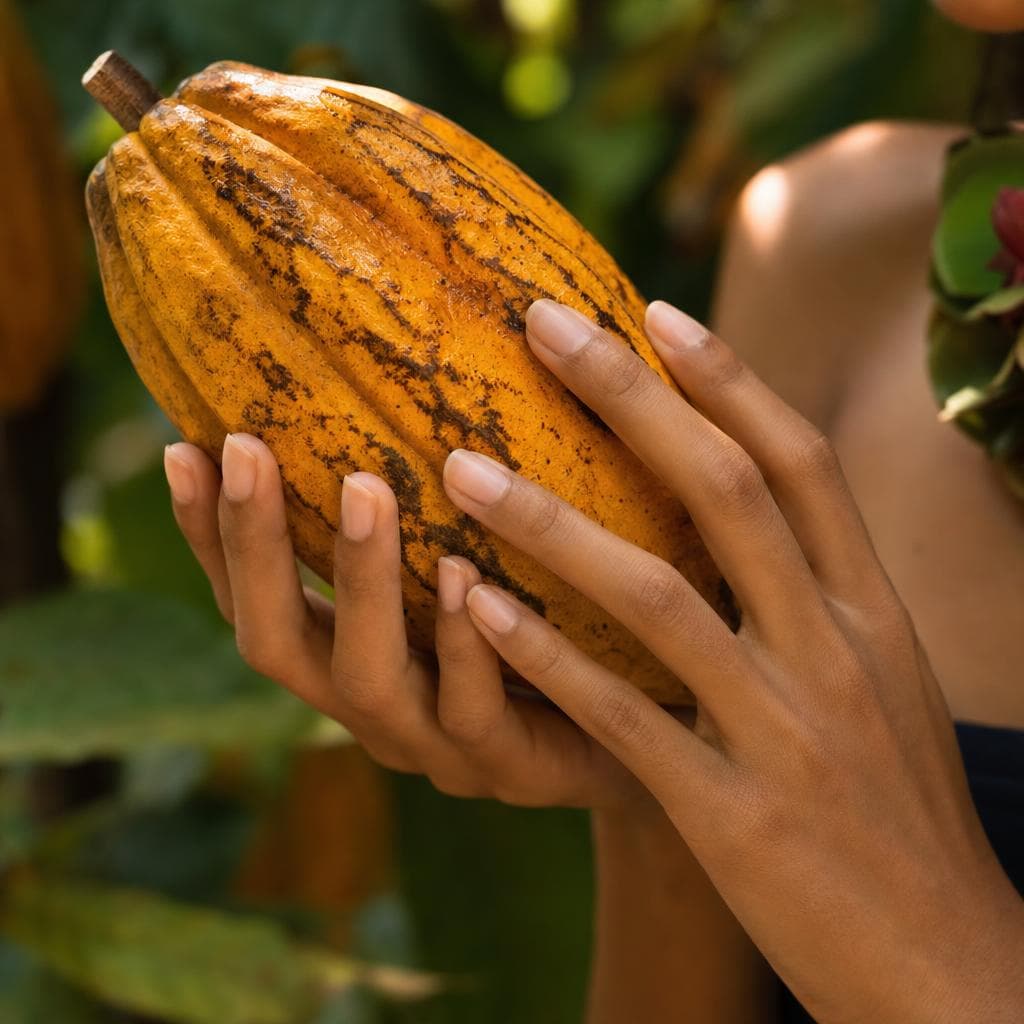 Hands gently holding a fresh cacao pod